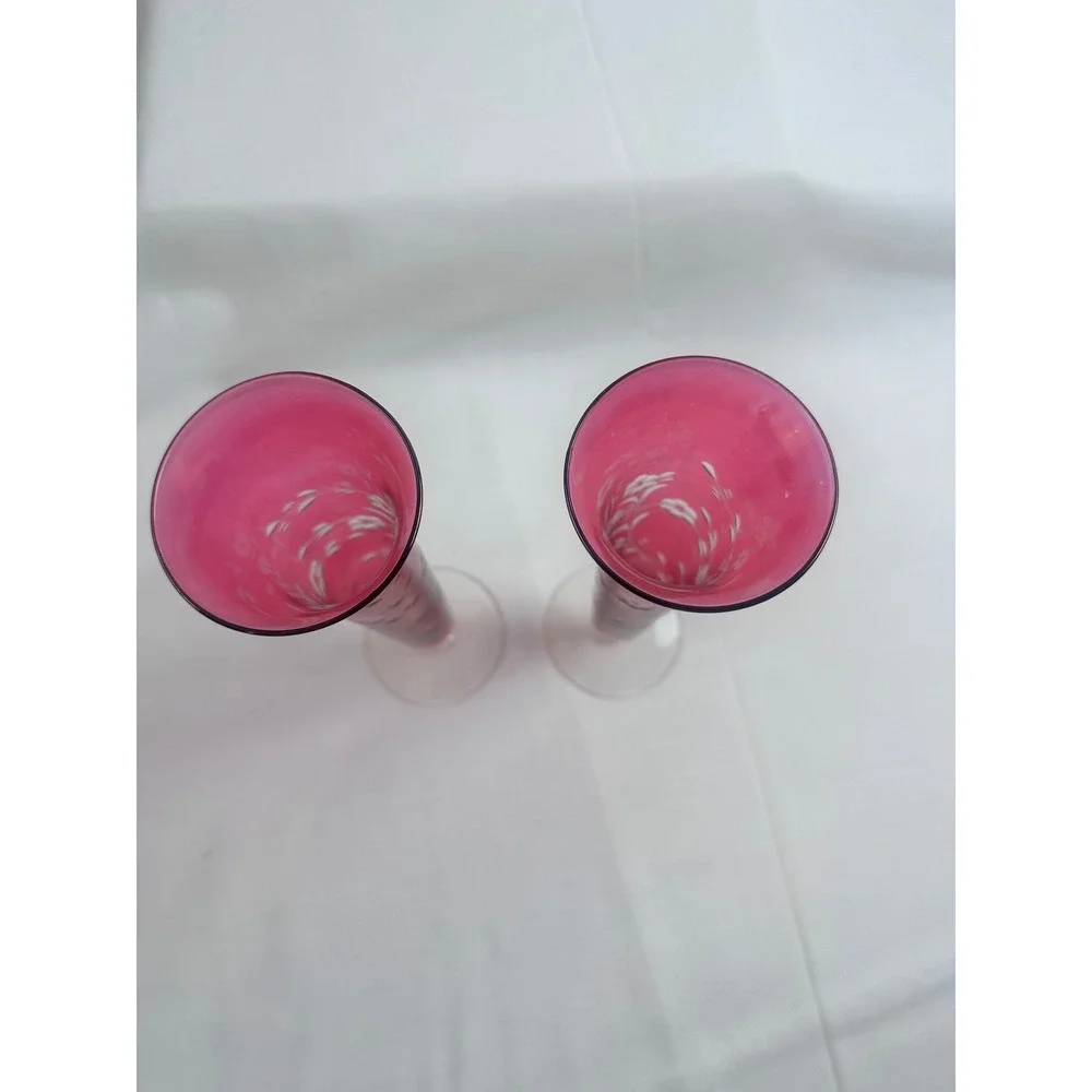 2 Vintage Ruby Red Glass Bud Handblown Vases Etched Floral‎ Design